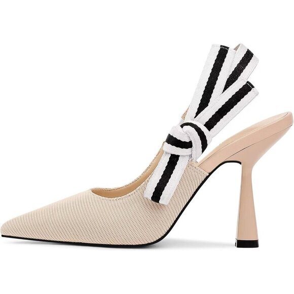 🆕Women Cream Heels Pointed Toe High Heels Bowknot Knitted Dress Pumps Shoes - Picture 2 of 7